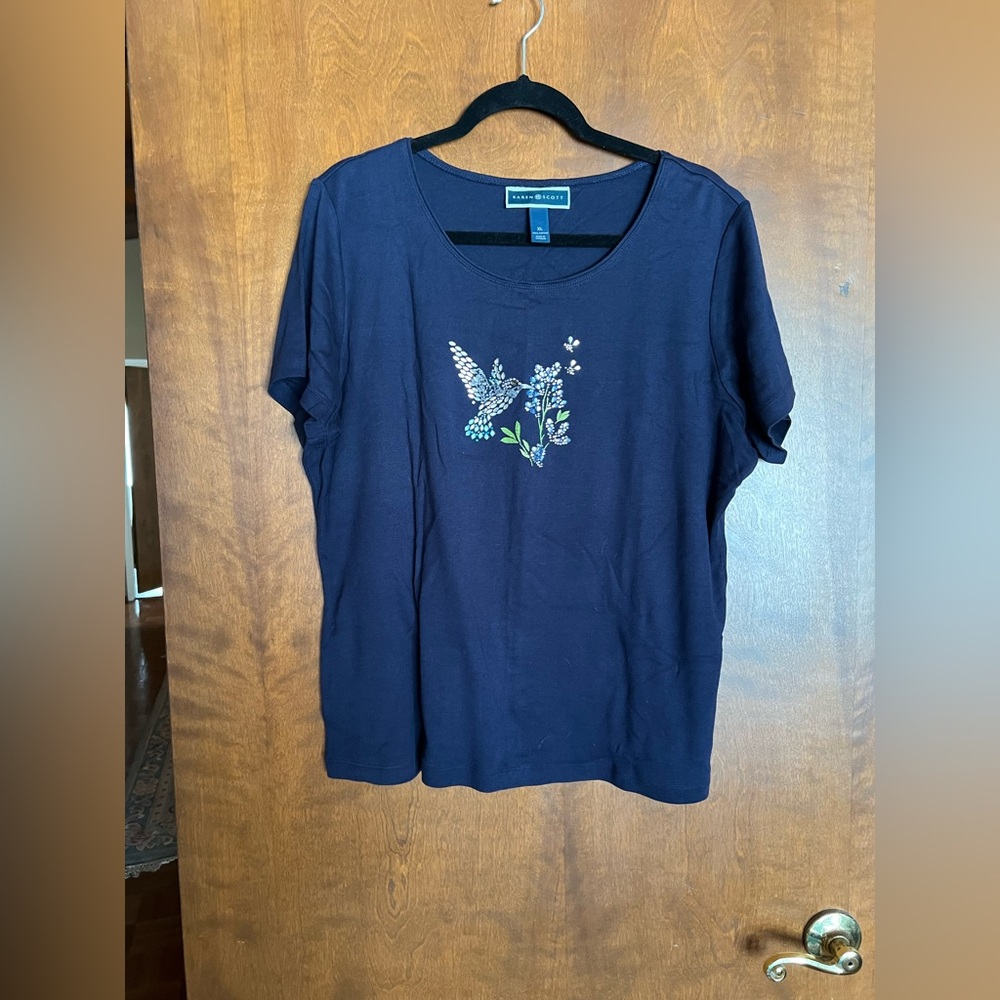 Karen Scott Navy Tee with Rhinestone Detail